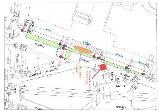 Situační nákres dopravního značení a záboru na ulicích Koulova a Jugoslávských partyzánů. Zobrazeny rozměry záborů (např. 42x5m, 10x5m, 32x2,5m, 30x2,5m, 18x2,…