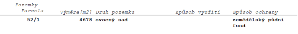 Výpis informací o parcele č. 52/1 z katastru nemovitostí.