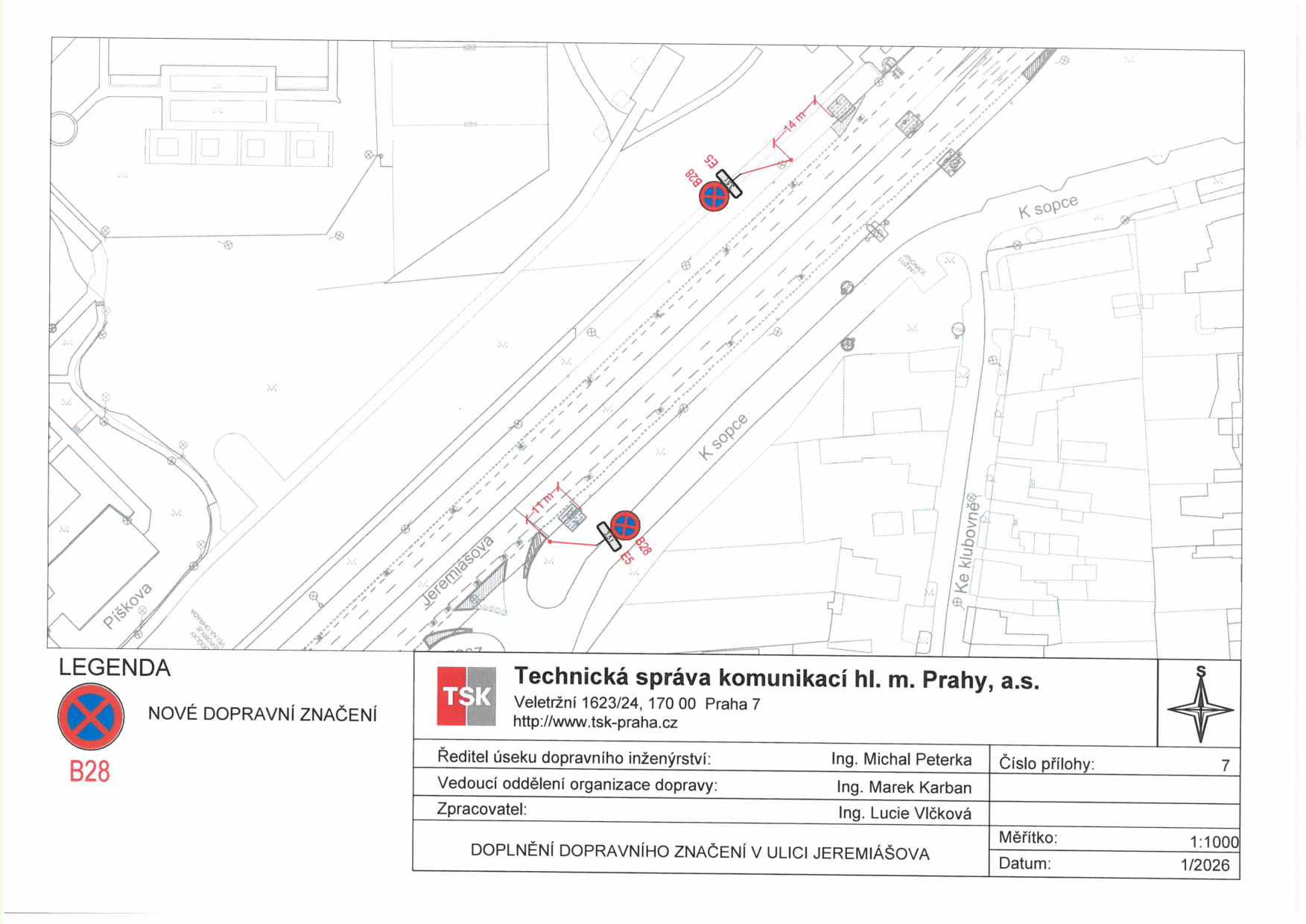 Situační nákres dopravního značení v ulici Jeremiášova.