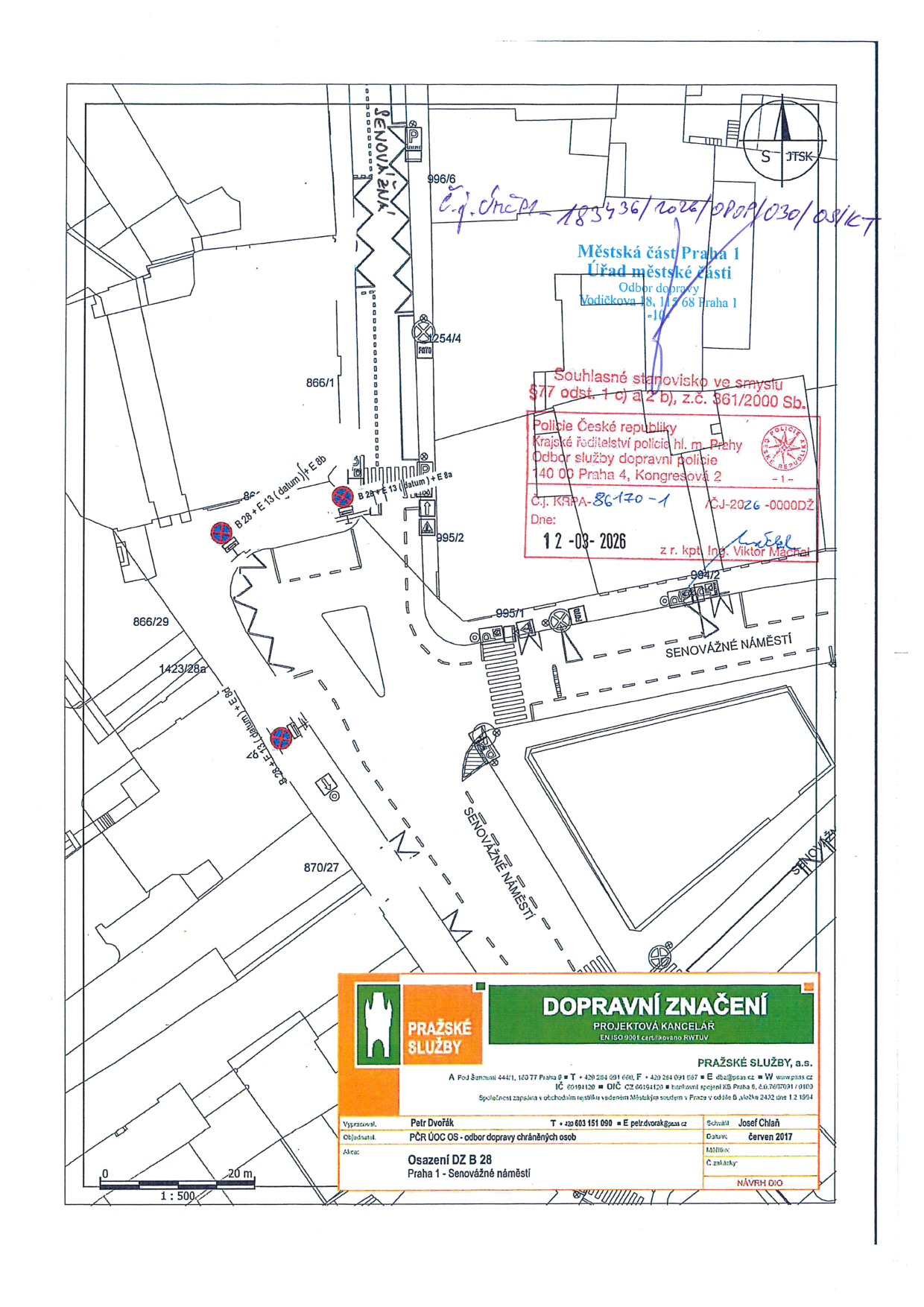 Situační nákres dopravního značení v lokalitě Senovážné náměstí v Praze.