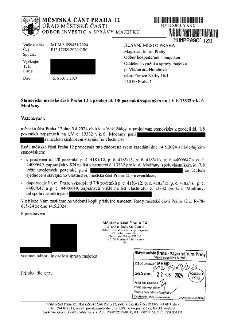 Úřední dopis Městské části Praha 12, Odbor investic a správy majetku, ze dne 15. května 2024. Předmět: Stanovisko k prodeji id. 1/8 pozemků zapsaných na LV č.…
