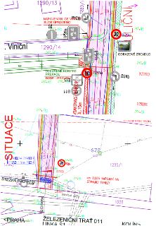 Situace a plán stavby (situace, projektová dokumentace) s vyznačením dopravního značení, parcel (např. 1290/13, 1290/14, 1295/1, 1226), ulic jako Viniční, Žele…