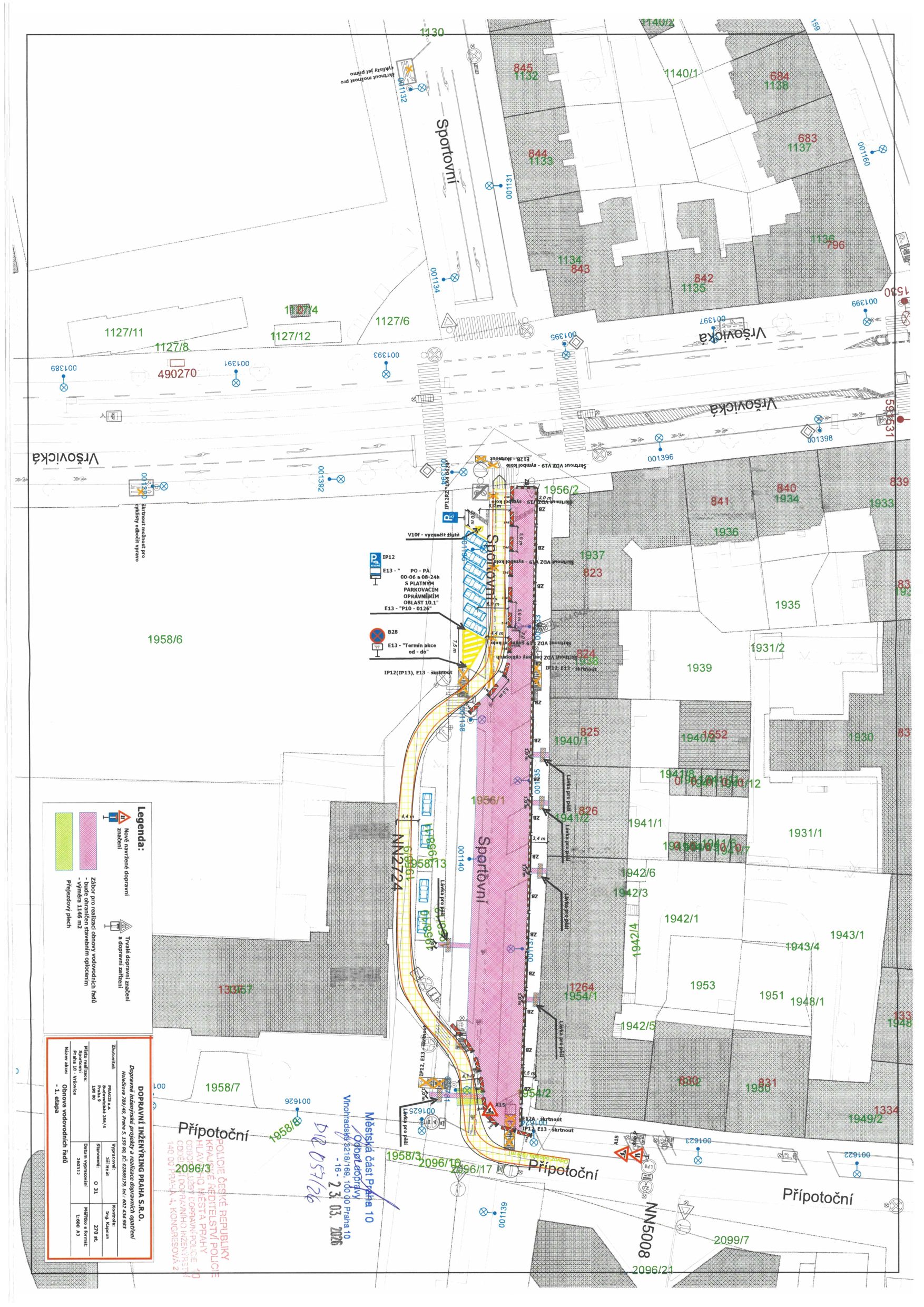 Koordinační situační výkres dopravního značení a stavebních úprav pro ulici Sportovní v Praze 10.