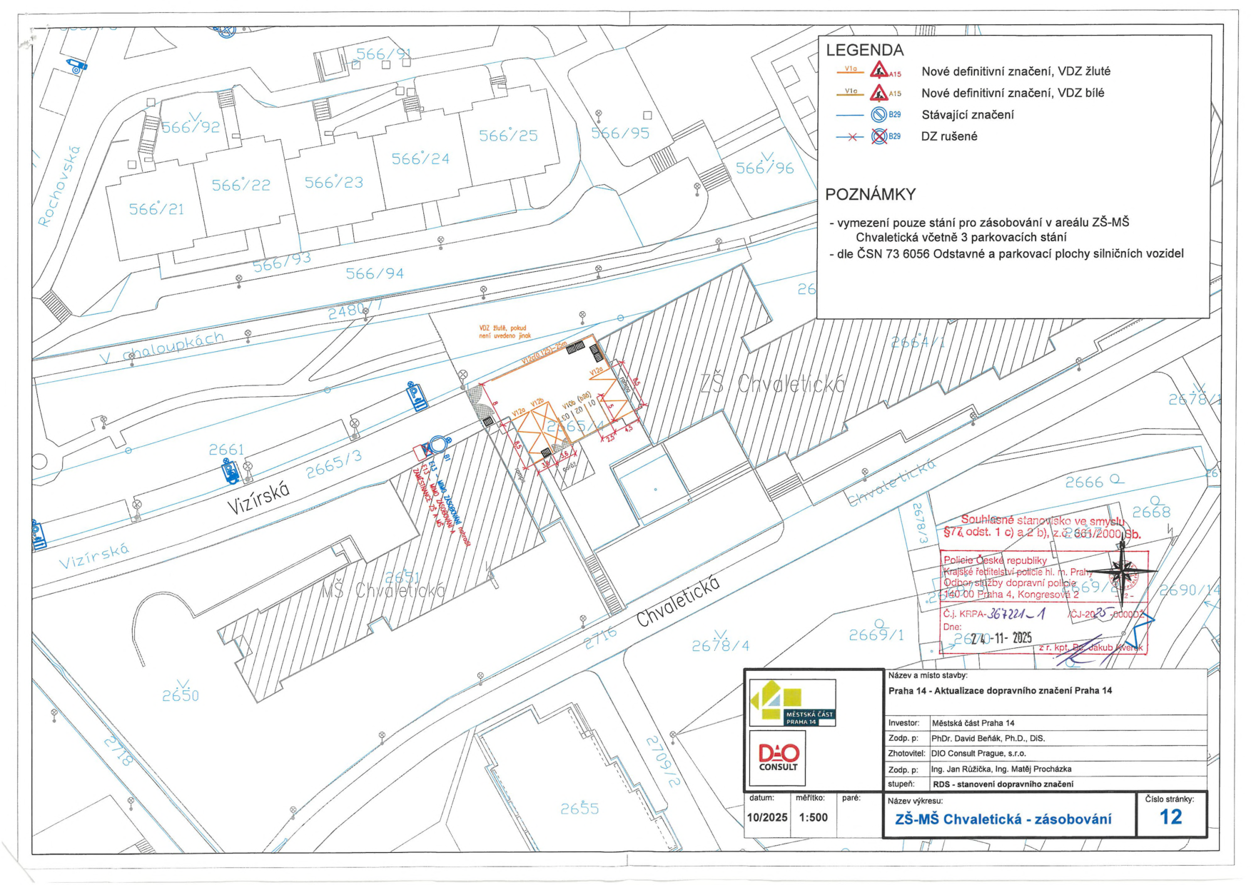 Situační nákres dopravního značení u základní a mateřské školy v ulici Chvaletická.