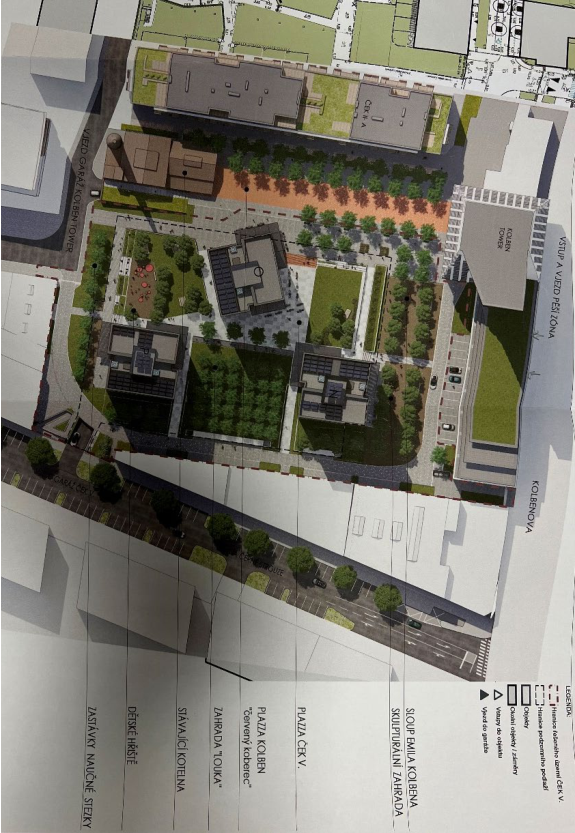 Situace a vizualizace projektu zástavby s vyznačenými veřejnými prostranstvími a objekty v lokalitě.