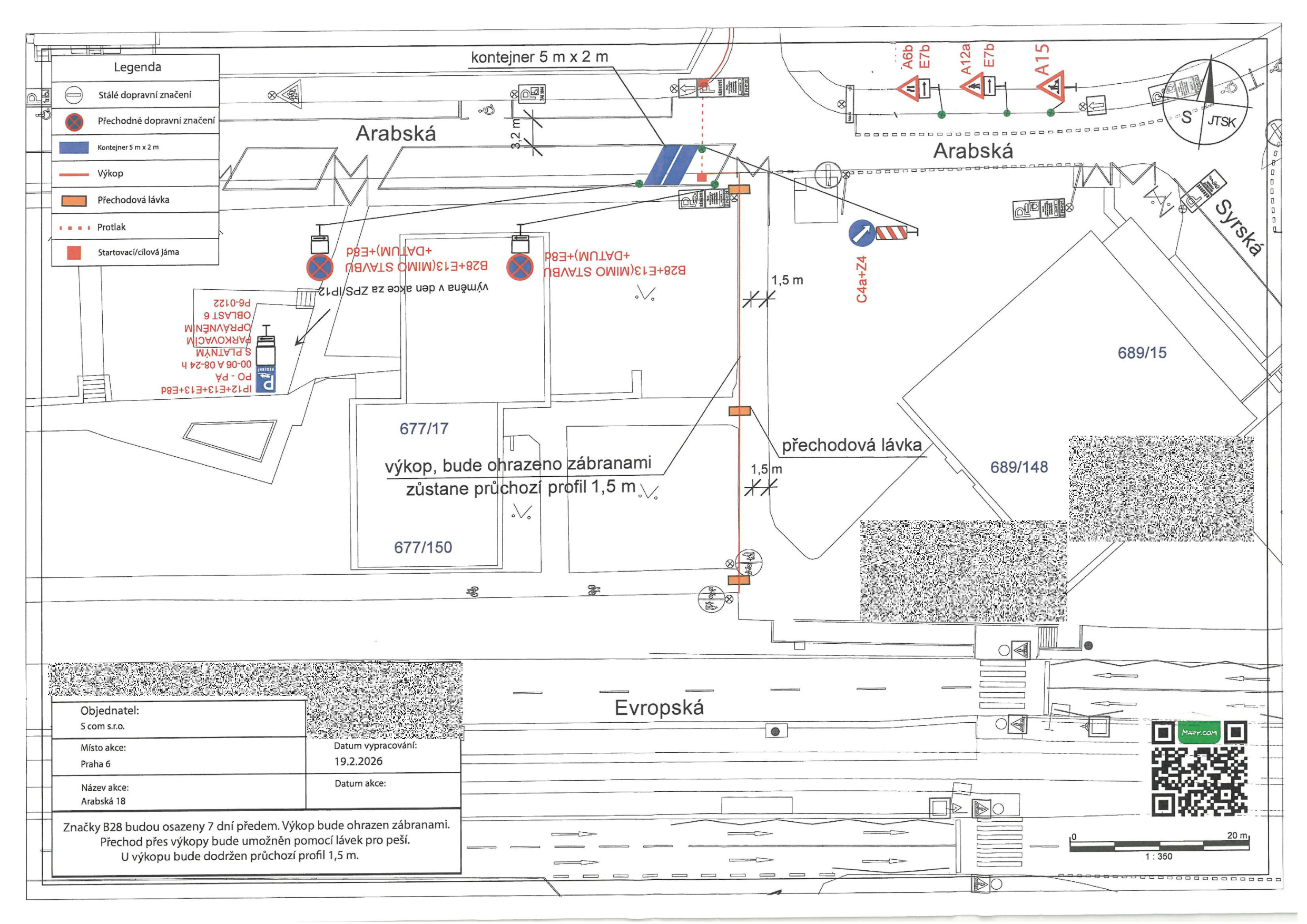 Koordinační situační výkres dopravního značení a výkopových prací na ulici Arabská v Praze 6.