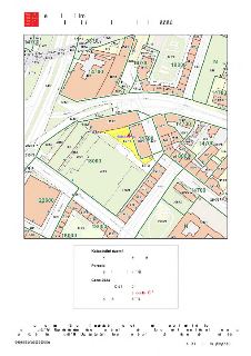 Katastrální mapa území v Praze (Holešovice) s vyznačenými parcelami a cenami pozemků za m2 (např. 14700, 18000, 22600). V mapě jsou uvedena čísla parcel (např.…
