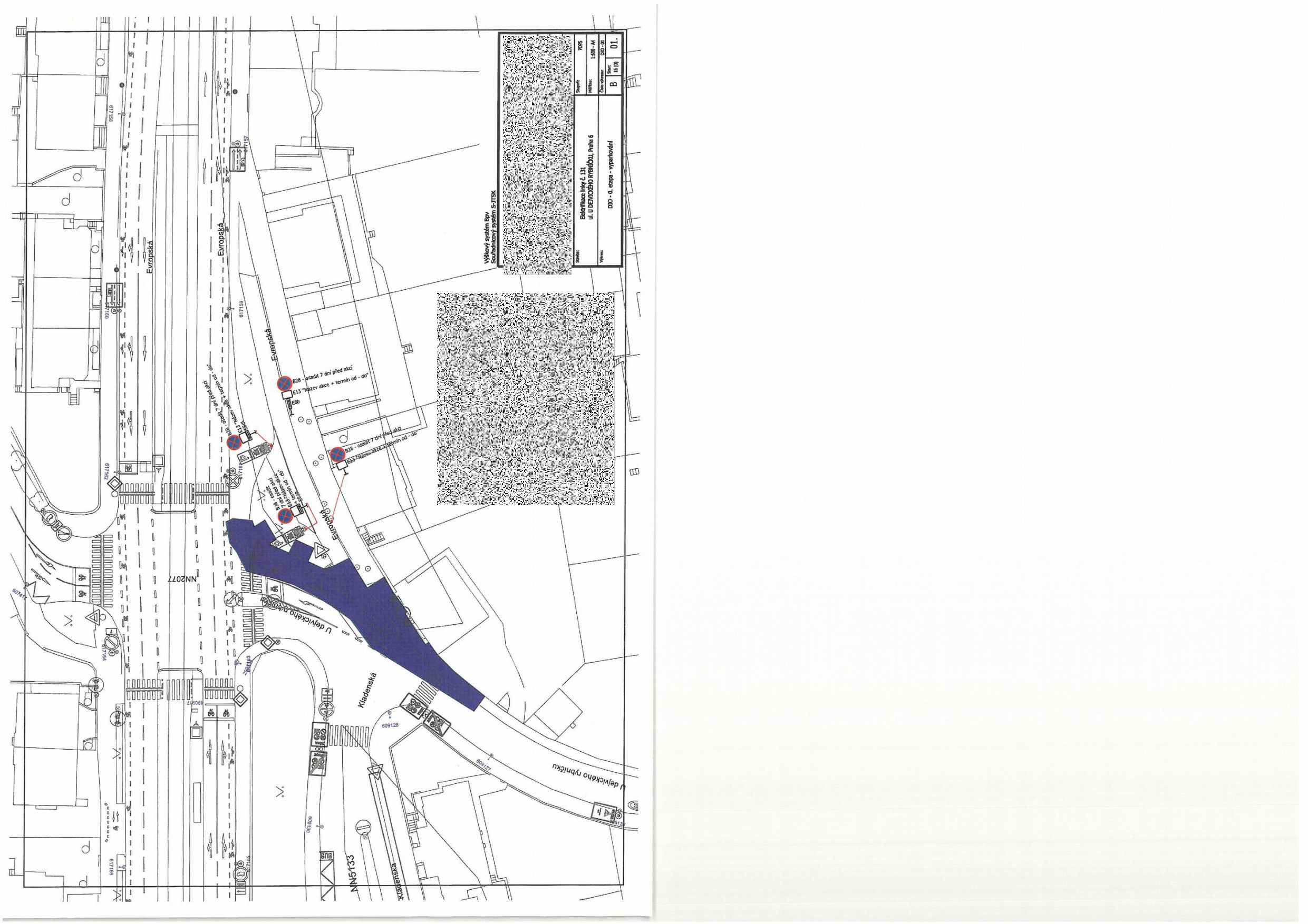 Koordinační situační výkres dopravního značení u ulice Evropská v Praze.