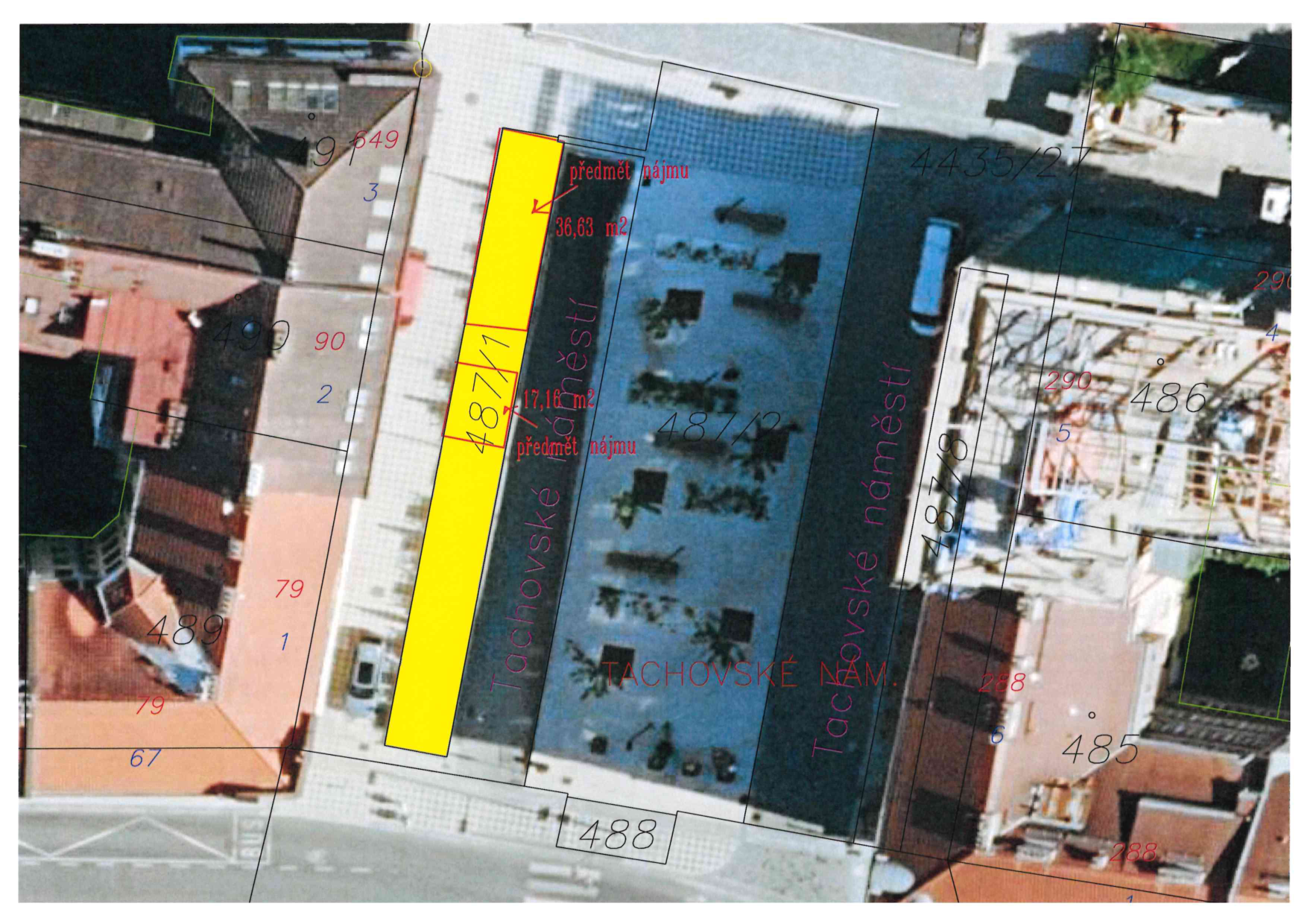 Situační nákres vyznačených ploch pronájmu na ortofotomapě v oblasti Tachovského náměstí.
