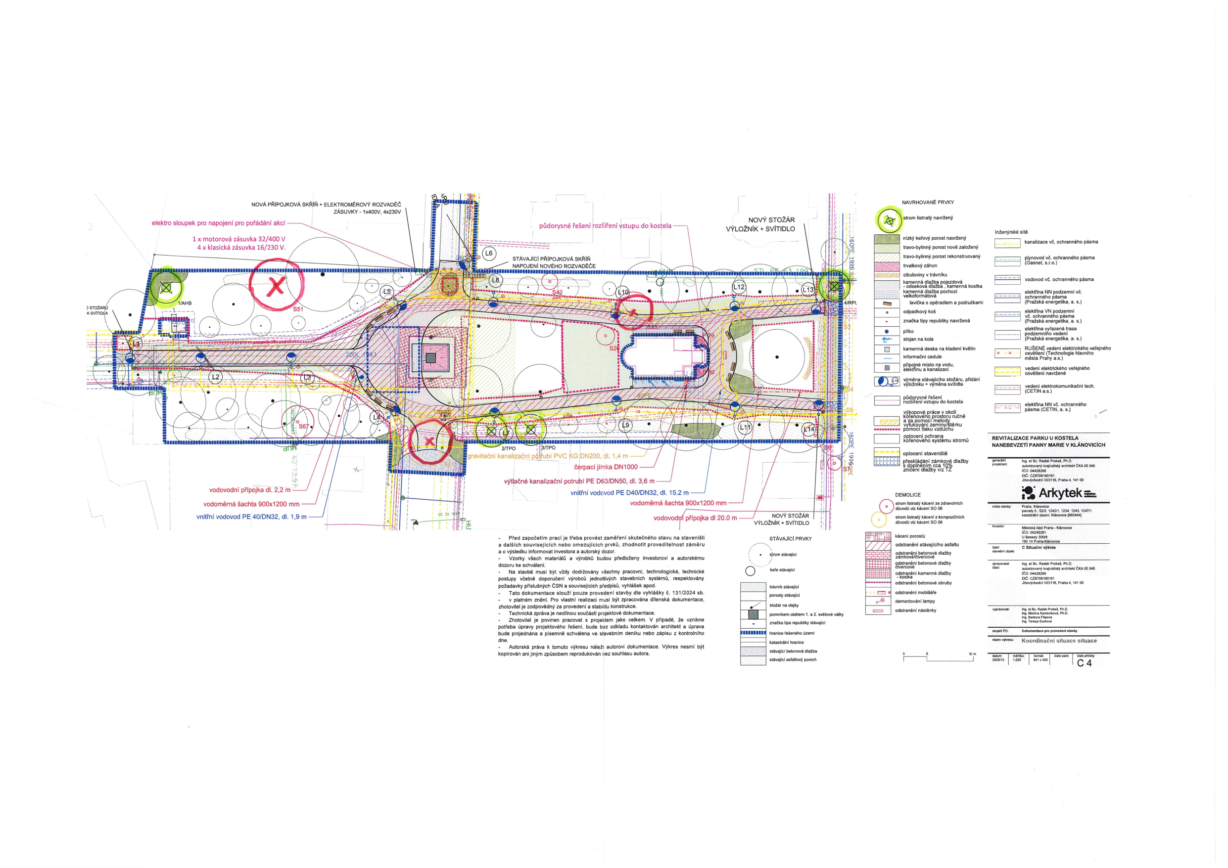 Koordinační situační výkres revitalizace parku u kostela Nanebevzetí Panny Marie v Klánovicích.