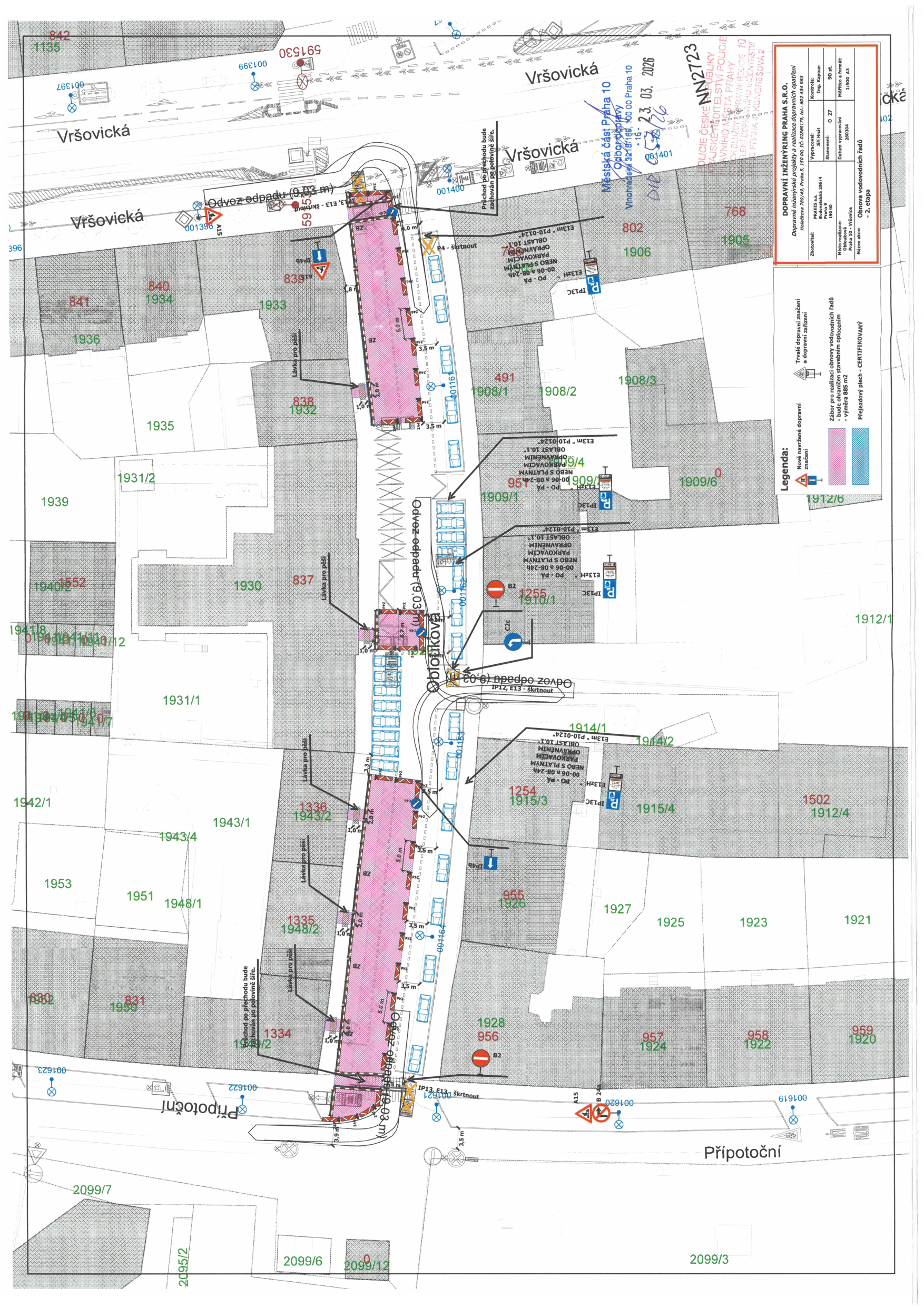 Situační nákres dopravního značení a plánované stavby v ulici Vršovická a Přípotoční.