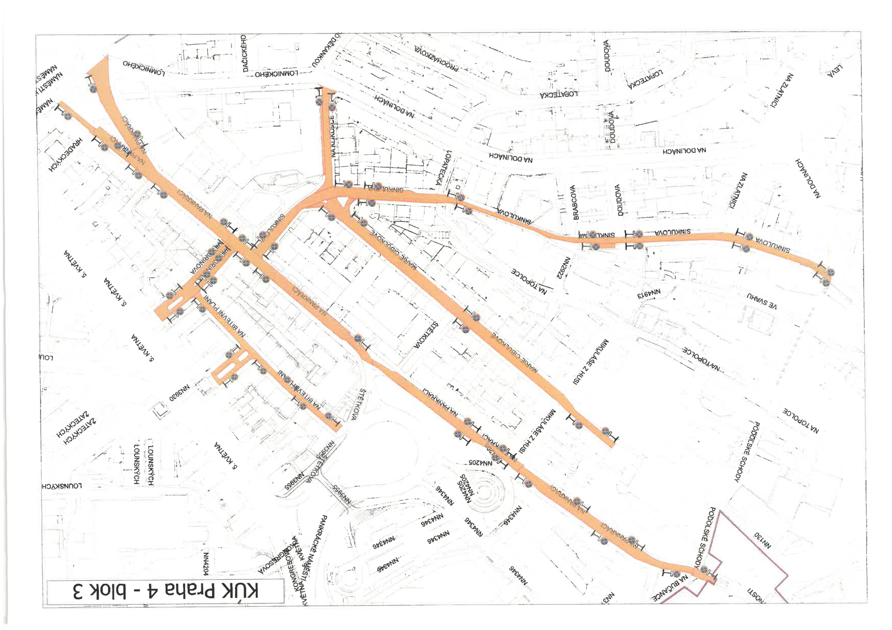 Katastrální mapa nebo situační plán území v lokalitě Praha 4 - blok 3 se zobrazením ulic a parcel.