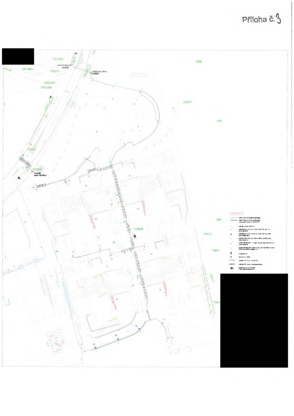 Situační výkres inženýrských sítí (pravděpodobně kanalizace/vodovod) s vyznačenými parcelními čísly (např. 1554/4, 1557/1, 1556, 1553/21, 1553/24, 151/543). V pravém horním rohu je nápis 'Příloha č. 3'. Obsahuje legendu s popisem tras inženýrských sítí a technických prvků (šachty, přípojky). V levé dolní části je text 'SOUPIS OBJEKTŮ V REALIZACI'.
