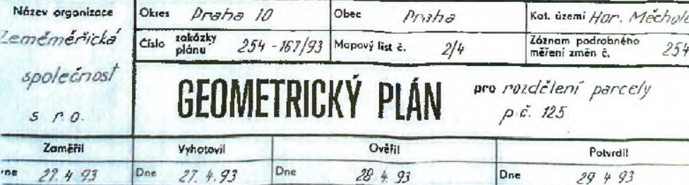 Hlavička geometrického plánu pro rozdělení parcely č. 125 v katastrálním území Horní Měcholupy.