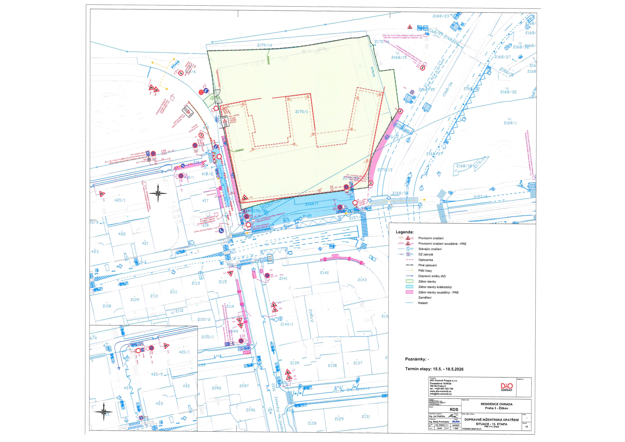 Koordinační situační výkres dopravního značení a záboru pro stavbu Residence Ohrada v Praze 3.