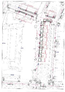 Situační nákres / plán záboru prostranství v ulicích Thákurova, Seminární a Evropská. Jsou zde vyznačeny rozměry a plochy záborů (např. 40x2,5=100m2, 22x2,5=55…