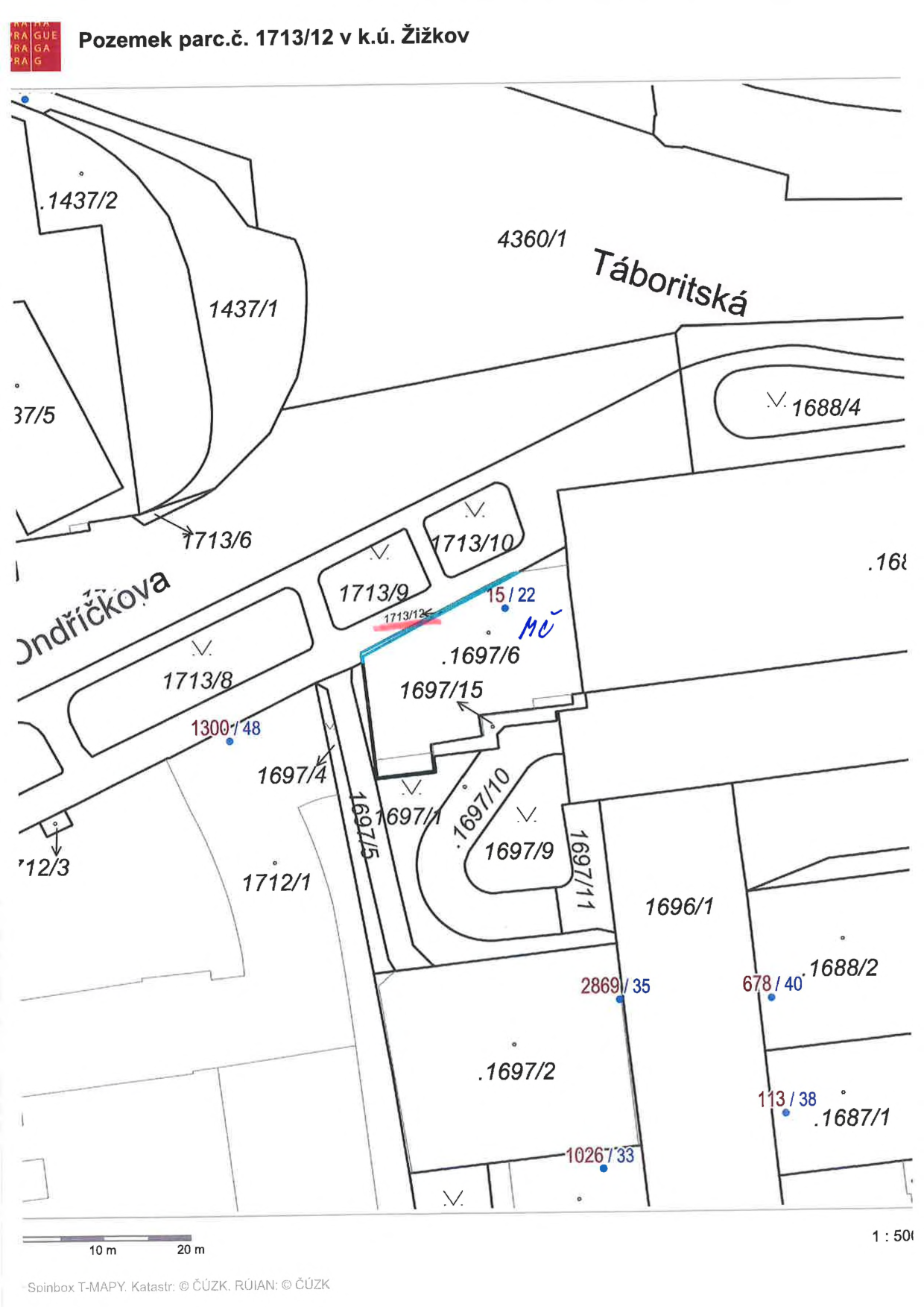 Katastrální mapa zobrazující pozemek parc. č. 1713/12 v k.ú. Žižkov. Mapa obsahuje čísla parcel (např. 1437/2, 1437/1, 4360/1, 1713/6, 1713/8, 1713/9, 1713/10, 1697/6, 1697/15, 1697/4, 1697/5, 1697/1, 1697/10, 1697/9, 1697/11, 1696/1, 1697/2, 1688/4, 1688/2, 1687/1), názvy ulic (Táboritská, Ondříčkova) a měřítko 1:500. V mapě jsou ručně vyznačeny poznámky '15/22' a 'MČ'.