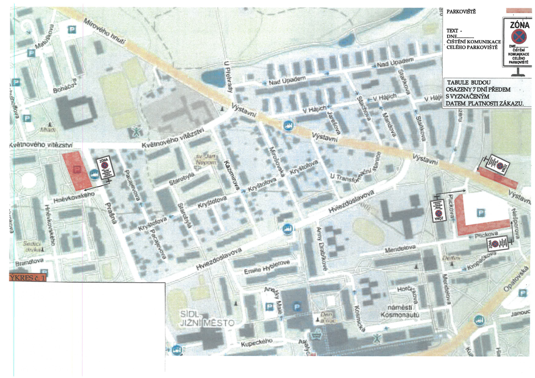 Situační nákres území s vyznačením parkovišť a zón se zákazem parkování z důvodu čištění komunikací.