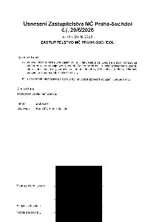 Usnesení Zastupitelstva MČ Praha-Suchdol č.j. 20/6/2026 ze dne 25. 6. 2026. Zastupitelstvo souhlasí: a) ve spolupráci s městskými částmi hl. m. Prahy Nebušice,…