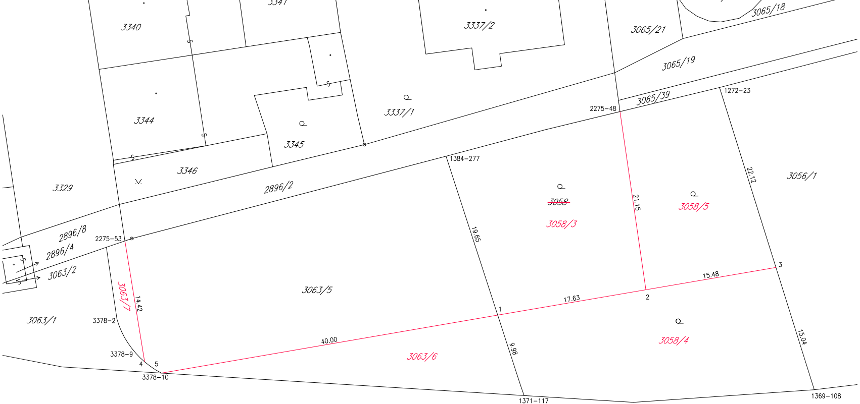Výřez katastrální mapy zobrazující parcely a jejich hranice. Čitelná čísla parcel: 3340, 3344, 3345, 3346, 3337/1, 3337/2, 3065/21, 3065/18, 3065/19, 3065/39, 3056/1, 3058, 3058/3, 3058/4, 3058/5, 3063/1, 3063/2, 3063/5, 3063/6, 3063/7, 2896/2, 2896/4, 2896/8, 3329. V mapě jsou vyznačeny kódy bodů (např. 2275-48, 2275-53, 1384-277, 3378-2, 3378-9, 3378-10, 1371-117, 1369-108) a délky hranic v metrech (např. 14.42, 40.00, 19.65, 9.98, 17.63, 15.48, 21.15, 22.12, 15.04).