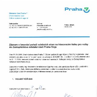 Záznam o losování pořadí volebních stran na hlasovacím lístku pro volby do Zastupitelstva městské části Praha-Troja. Dokument vydal Úřad městské části Praha 7,…