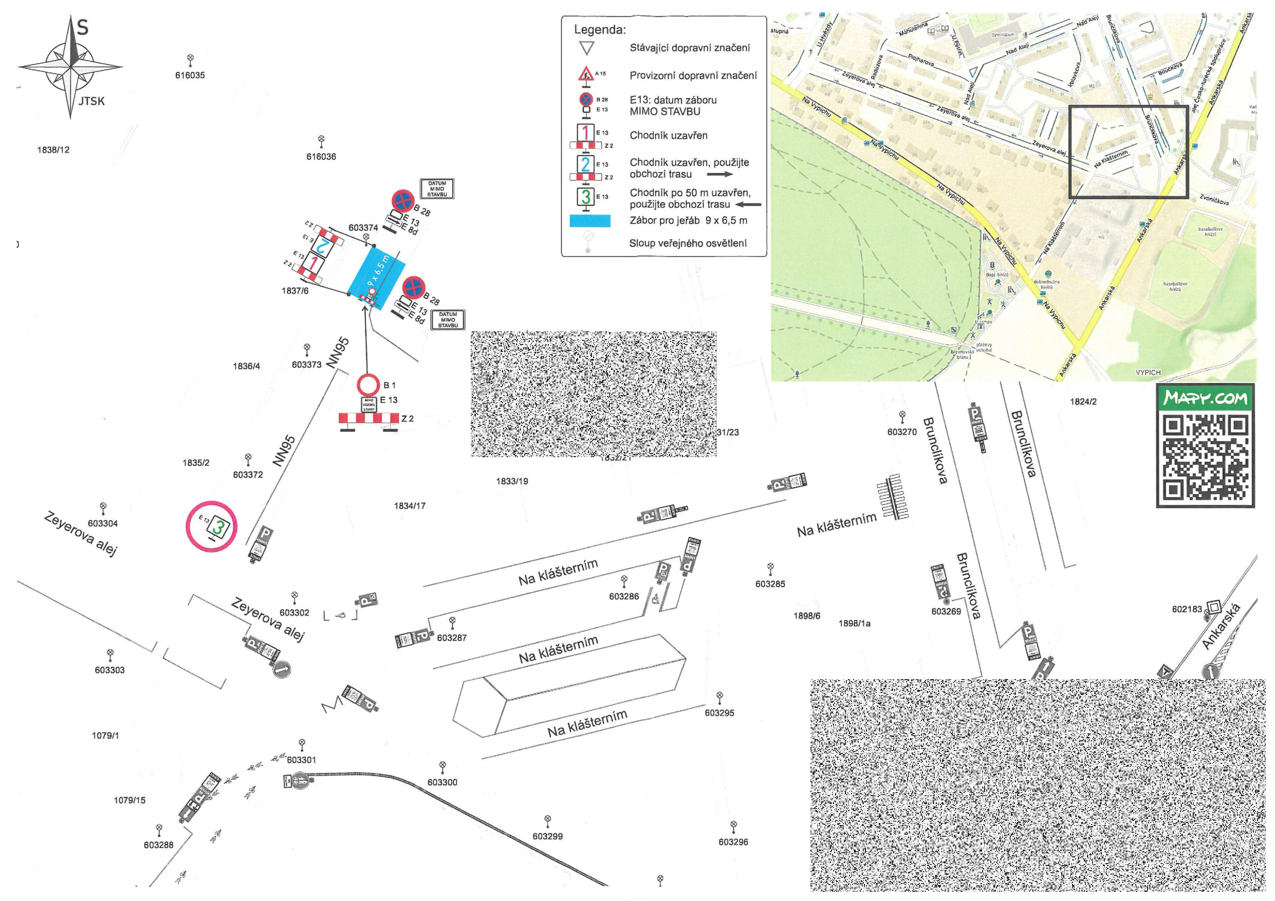 Situační nákres dopravního značení a záboru pro jeřáb (9 x 6,5 m) v ulici Na klášterním, Praha. Legenda: Stávající dopravní značení, Provizorní dopravní značení, B 28 (Zákaz zastavení) s dodatkovou tabulkou E 13 (MIMO STAVBU), Z 2 (Zábrana pro označení uzavírky), Z 3 (Směrovací deska), B 1 (Zákaz vjezdu všech vozidel). Vyznačeny ulice: Na klášterním, Brunclíkova, Ankarská, Zeyerova alej. Obsahuje orientační mapu lokality.