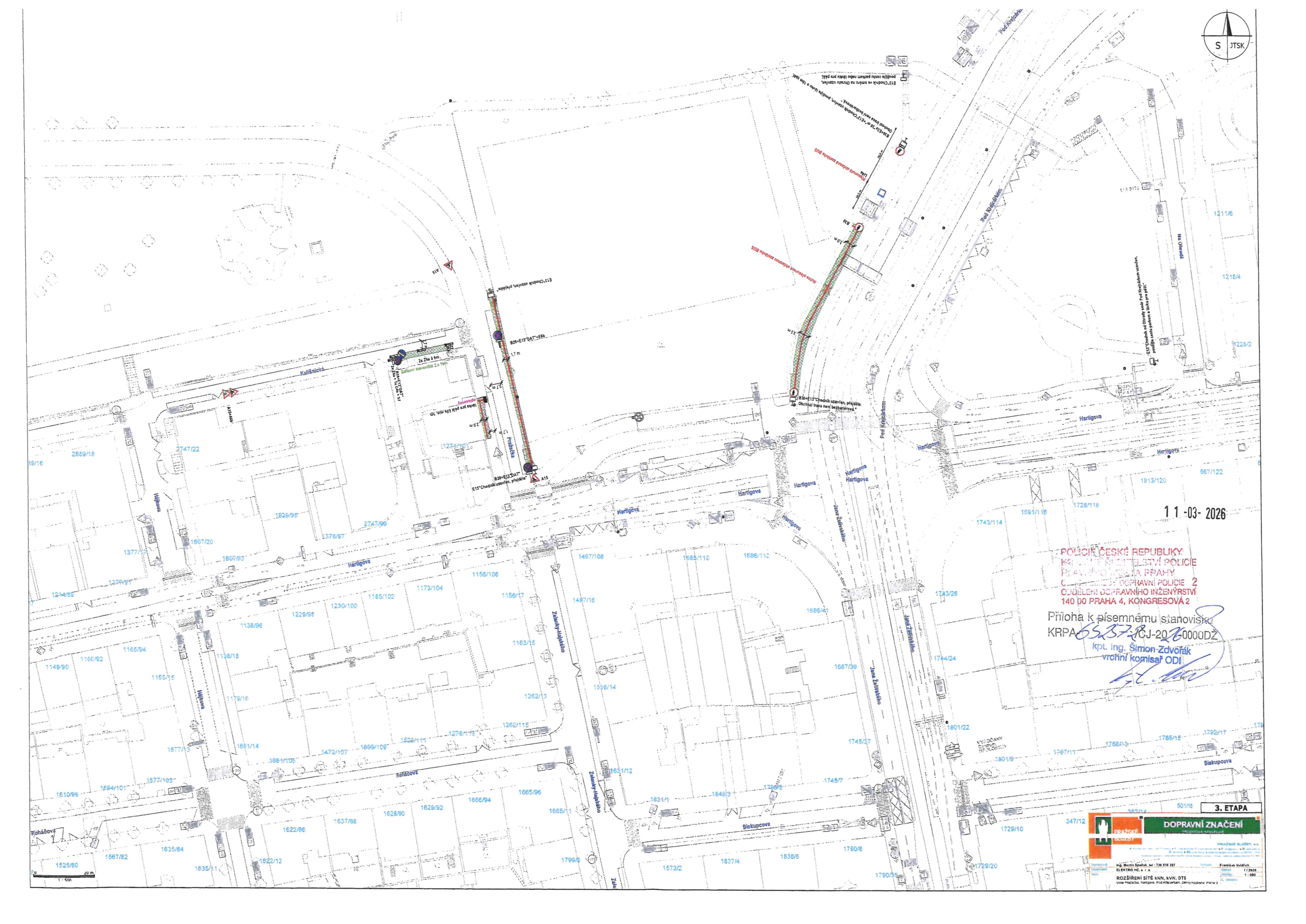 Dopravně-inženýrský situační nákres plánovaného dopravního značení v zastavěné oblasti.
