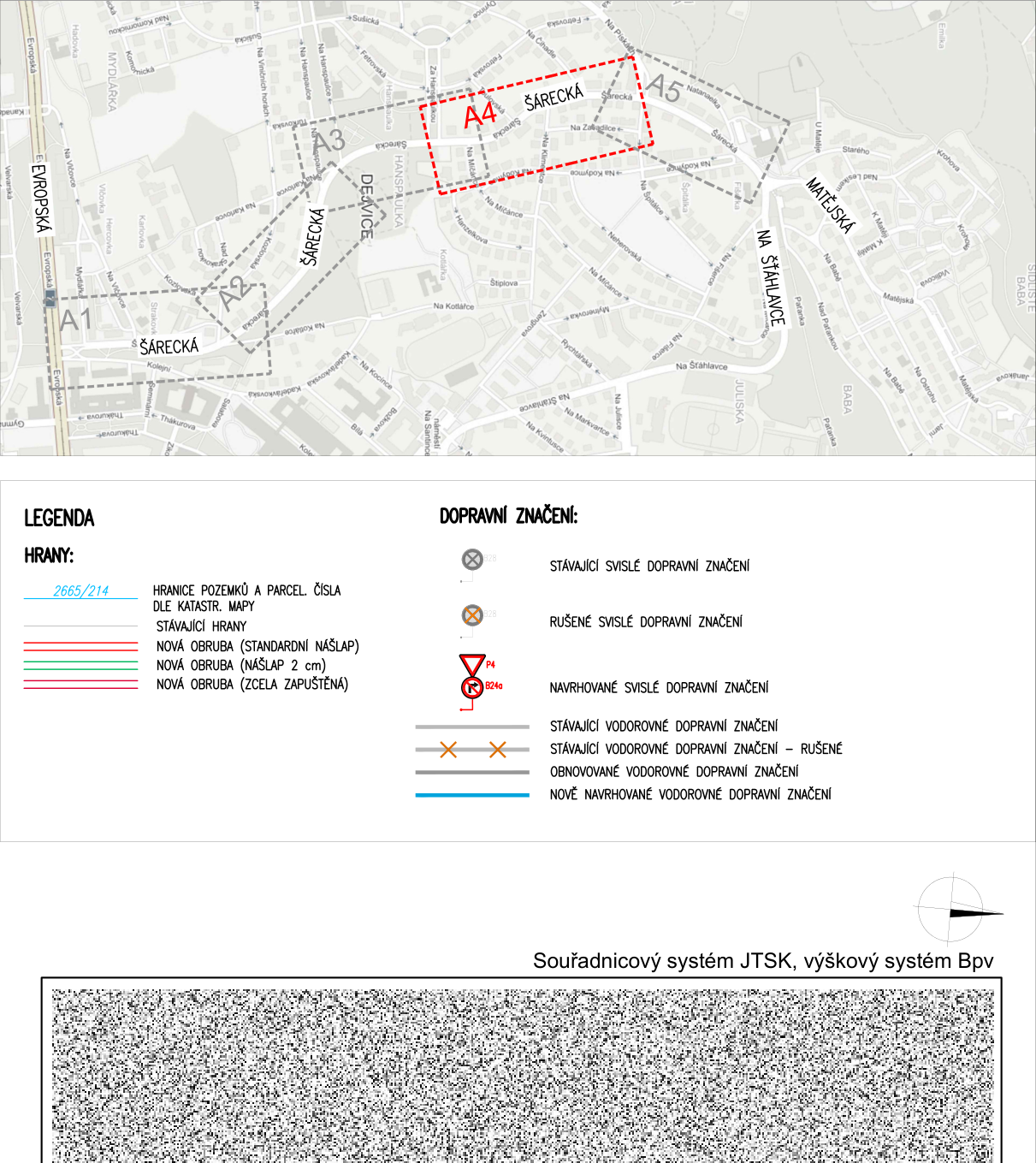 Situační plán dopravního značení v oblasti Šárecká, Praha. Mapa obsahuje vyznačené úseky A1, A2, A3, A4 a A5. Legenda obsahuje: HRANY: 2665/214 (hranice pozemků a parcel dle katastr. mapy), stávající hrany, nová obruba (standardní nášlap), nová obruba (nášlap 2 cm), nová obruba (zcela zapuštěná). DOPRAVNÍ ZNAČENÍ: stávající svislé dopravní značení, rušené svislé dopravní značení, navrhované svislé dopravní značení (např. P4, B24a), stávající vodorovné dopravní značení, stávající vodorovné dopravní značení – rušené, obnovované vodorovné dopravní značení, nově navrhované vodorovné dopravní značení. Uveden souřadnicový systém JTSK a výškový systém Bpv.