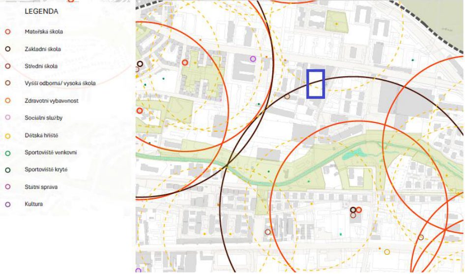 Mapa územního plánu s vyznačenou oblastí zájmu a legendou občanské vybavenosti.