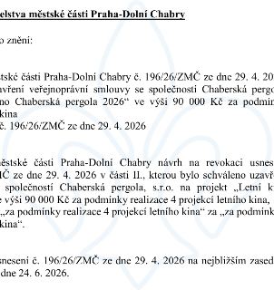 Výňatek z usnesení městské části Praha-Dolní Chabry: 1. Usnesení č. 196/26/ZMČ ze dne 29. 4. 2026 o uzavření veřejnoprávní smlouvy se společností Chaberská per…