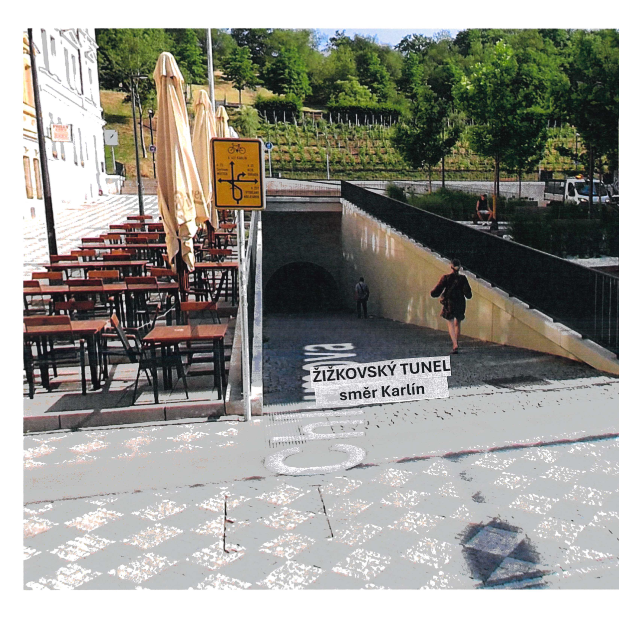 Fotografie vstupu do Žižkovského tunelu (směr Karlín) s přilehlou venkovní restaurací. Na obrázku je text: 'ŽIŽKOVSKÝ TUNEL směr Karlín' a na zemi je částečně viditelný nápis 'Chlumova'.