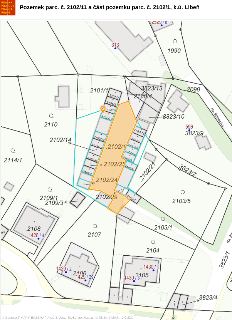 Pozemek parc. č. 2102/11 a část pozemku parc. č. 2102/1, k.ú. Libeň. Katastrální mapa s vyznačenými parcelami, čísly popisnými a parcelními čísly (např. 2102/1…