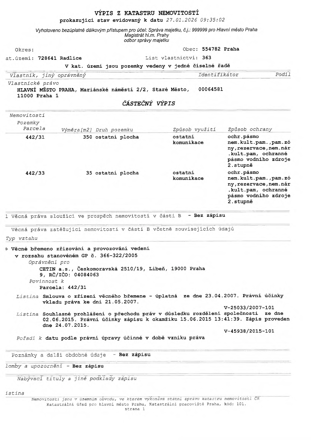 Výpis z katastru nemovitostí, stav k 27.01.2026, list vlastnictví 363, k.ú. Radlice, obec Praha. Vlastník: Hlavní město Praha, Mariánské náměstí 2/2, Praha 1. Nemovitosti: parcela 442/31 (350 m2, ostatní plocha, ostatní komunikace) a parcela 442/33 (35 m2, ostatní plocha, ostatní komunikace). Obě parcely mají omezení: ochranné pásmo nemovité kulturní památky, památkové zóny, rezervace, nemovité národní kulturní památky a ochranné pásmo vodního zdroje 2. stupně. Věcná práva: Věcné břemeno zřizování a provozování vedení v rozsahu GP č. 366-322/2005 pro CETIN a.s., Českomoravská 2510/19, Praha 9, k parcele 442/31.
