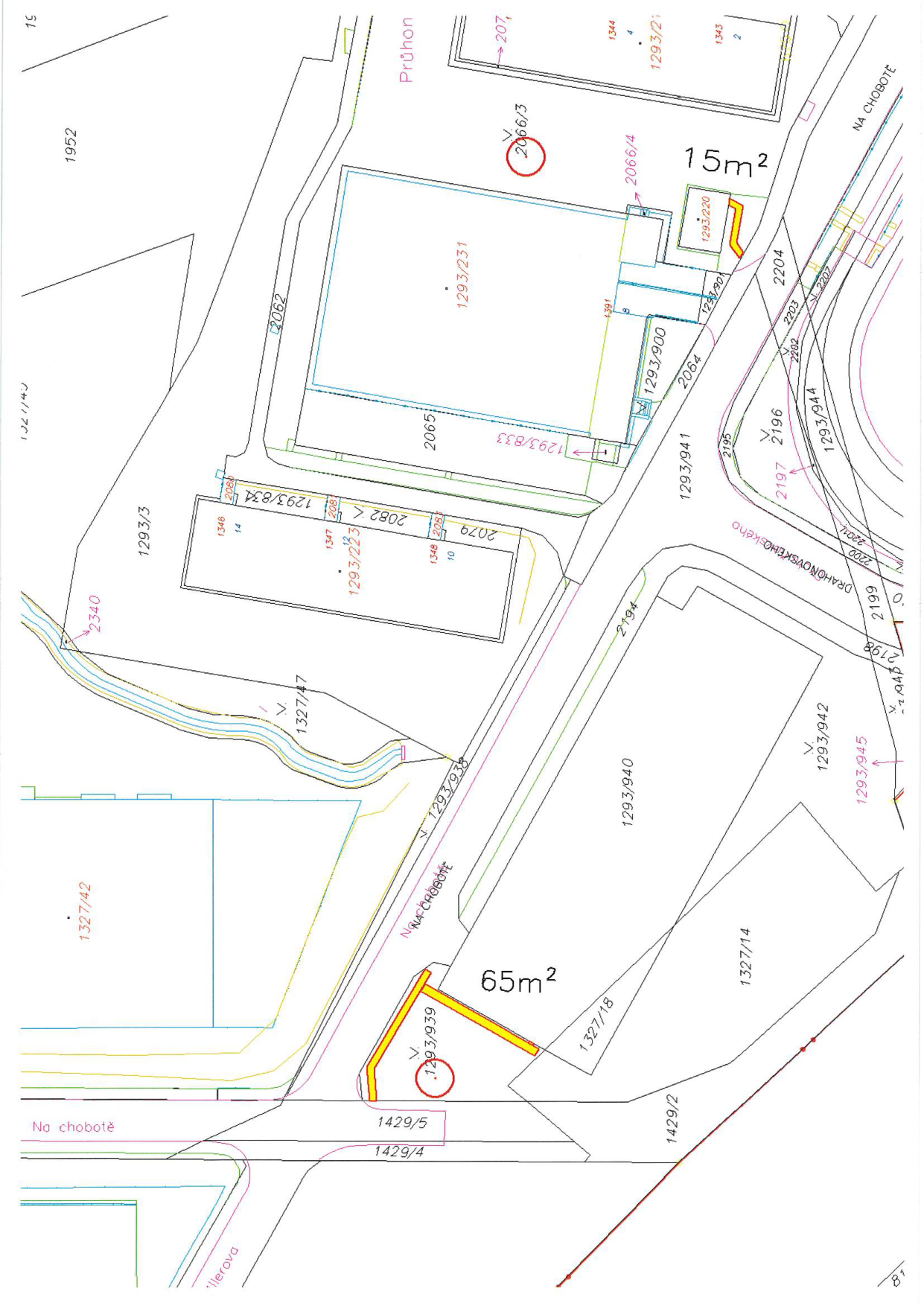 Katastrální situační výkres se zvýrazněnými plochami pozemků.