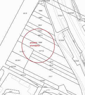 Katastrální mapa s vyznačeným červeným kruhem a nápisem 'prostor pronájmu'. Vymezené parcely uvnitř a v okolí: 3078, 1900, 1902, 1903, 1905, 1907/1, 1909, 1911…