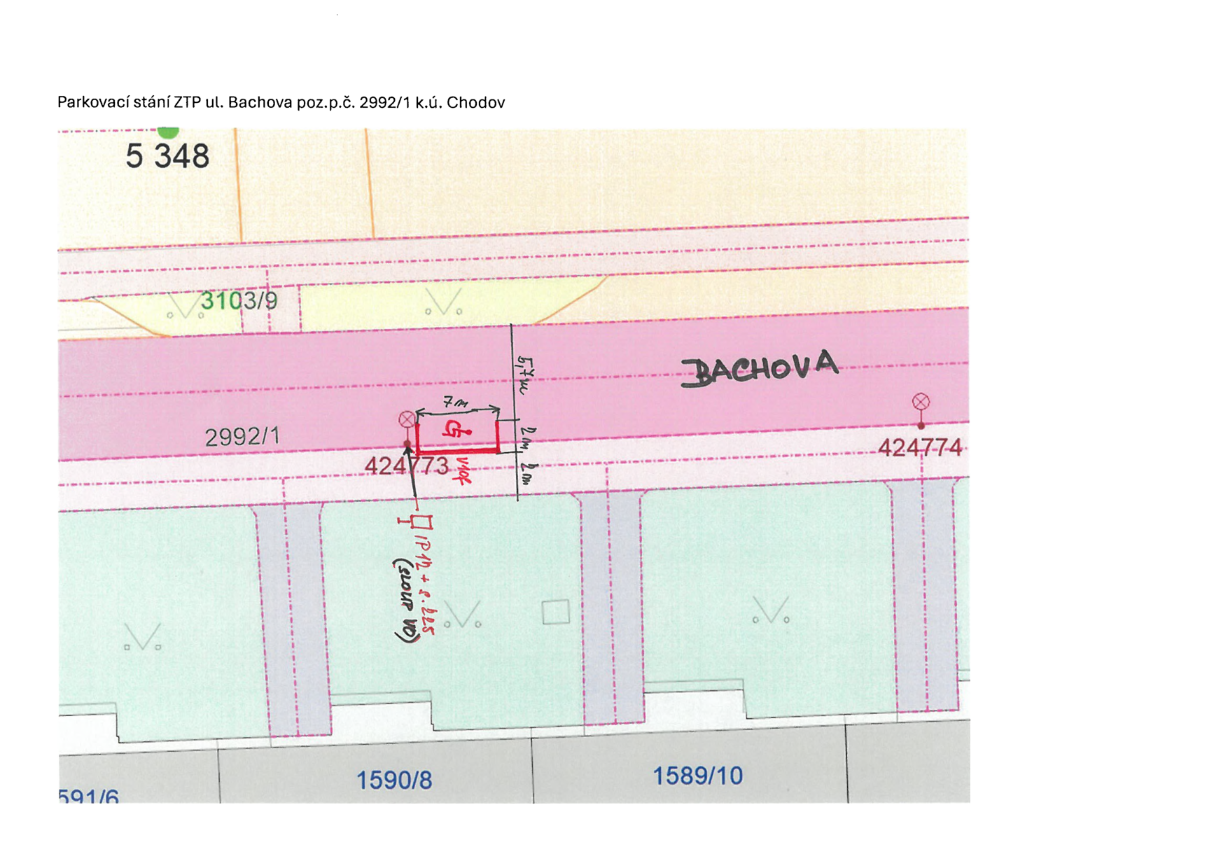 Situační nákres návrhu parkovacího stání pro osoby se zdravotním postižením (ZTP) na pozemku č. 2992/1 v k.ú. Chodov.