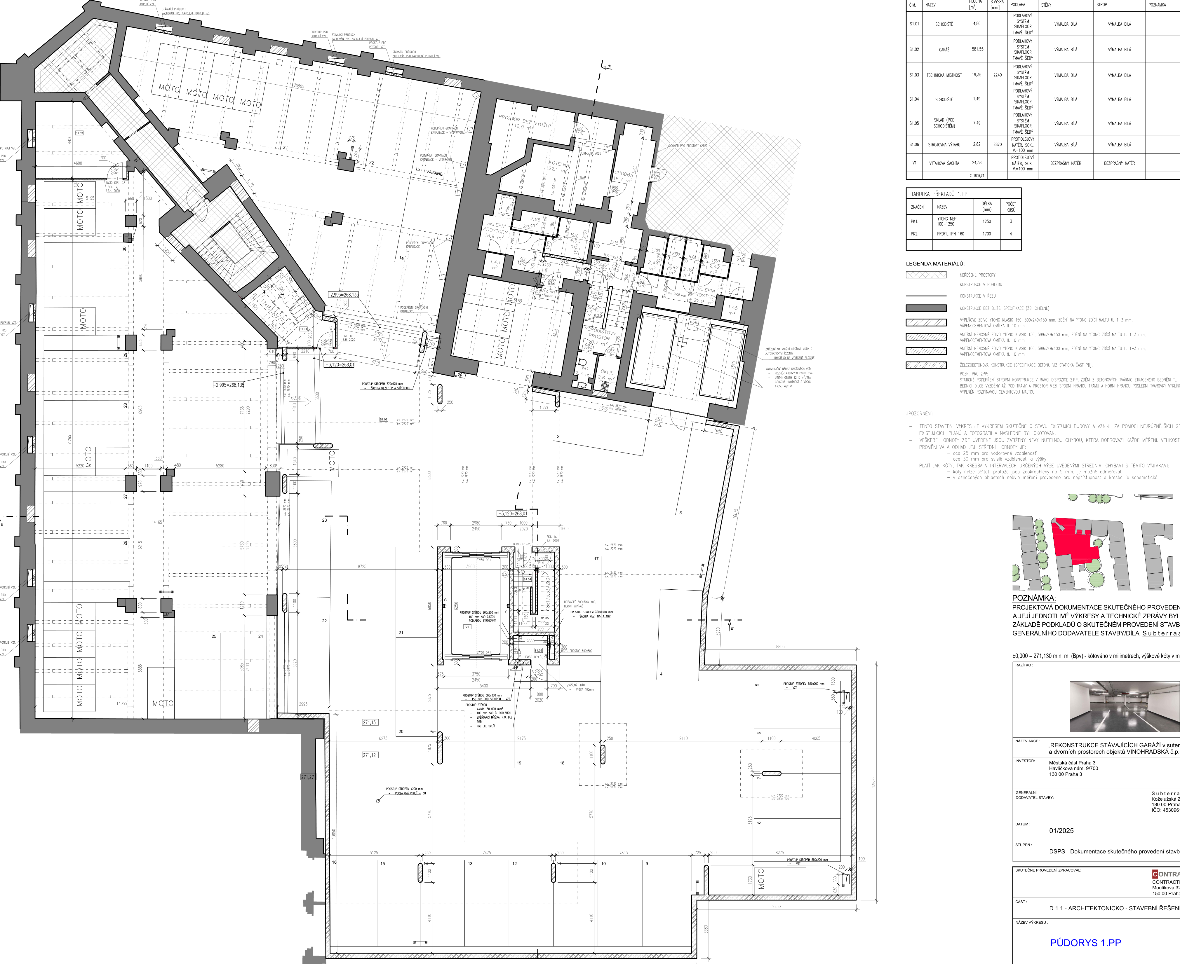 Půdorys 1. podzemního podlaží objektu s vyznačením parkovacích stání a technického zázemí.