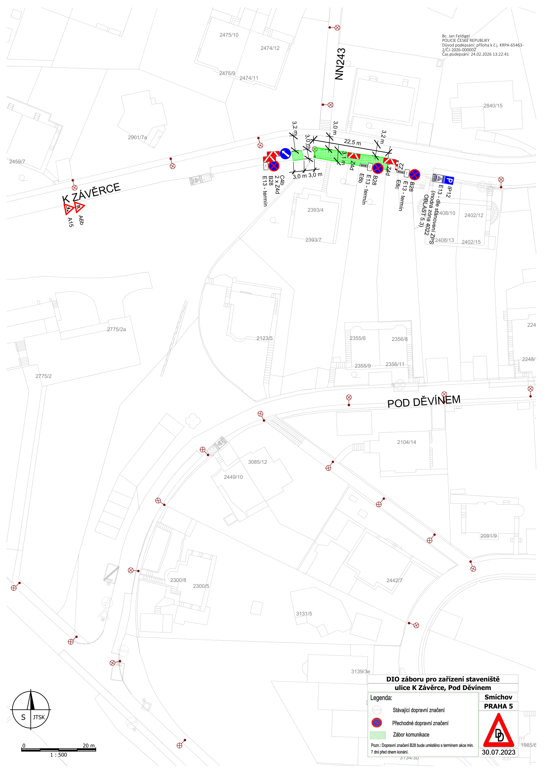 Situační nákres dopravního značení (DIO) pro zábor staveniště v ulicích K Závěrce a Pod Děvínem.