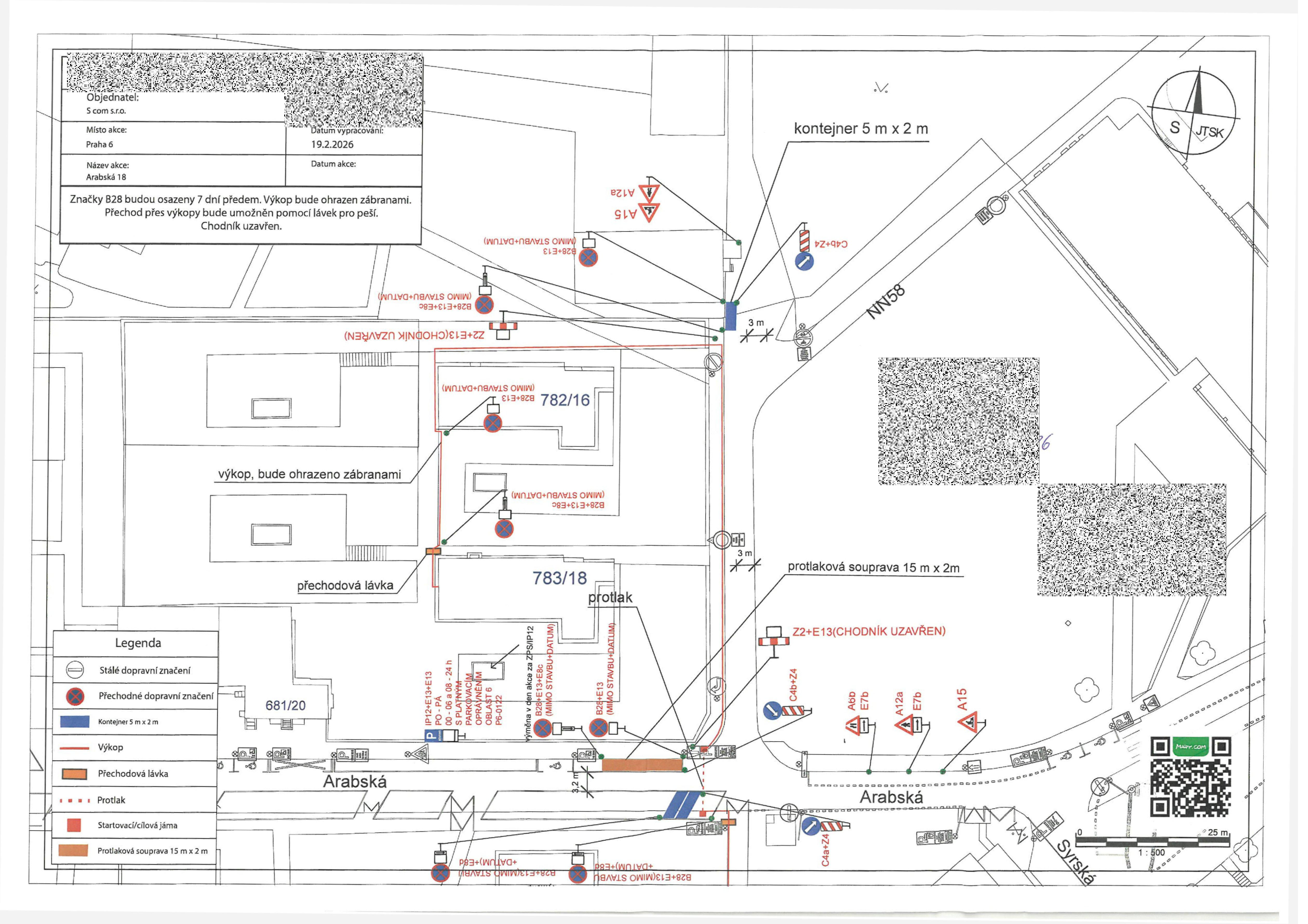 Koordinační situační výkres dopravního značení a záboru veřejného prostranství pro stavební práce v ulici Arabská.
