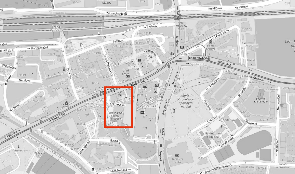 Mapa širšího okolí se zvýrazněnou oblastí The English College in Prague ve Vysočanech.