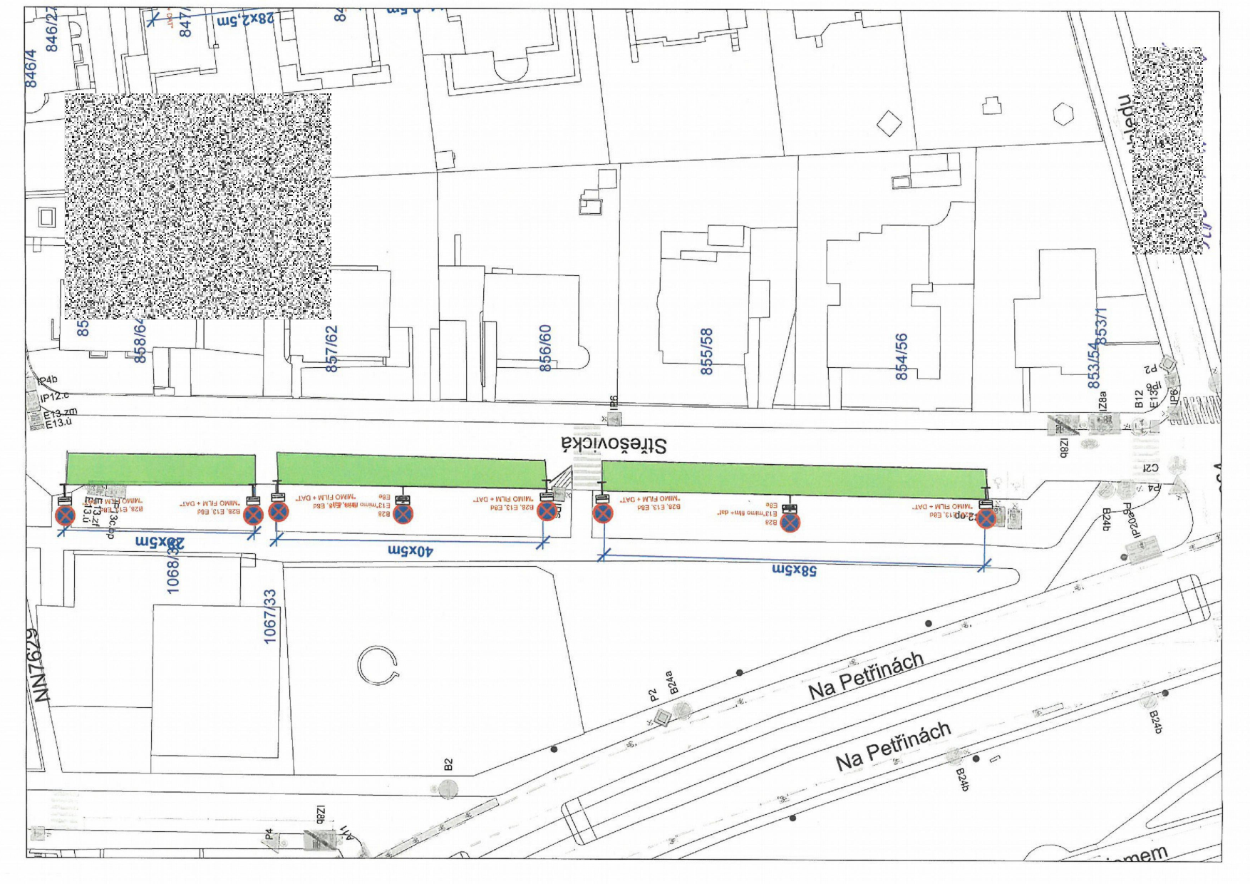 Situační nákres dopravního značení na ulici Střešovická v Praze.