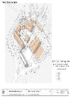 Situační nákres projektu 'Rekonstrukce Brandejsova dvora' (Princip návrhu - Školní využití). Obrázek zobrazuje areál s budovami označenými písmeny A až G2. Leg…