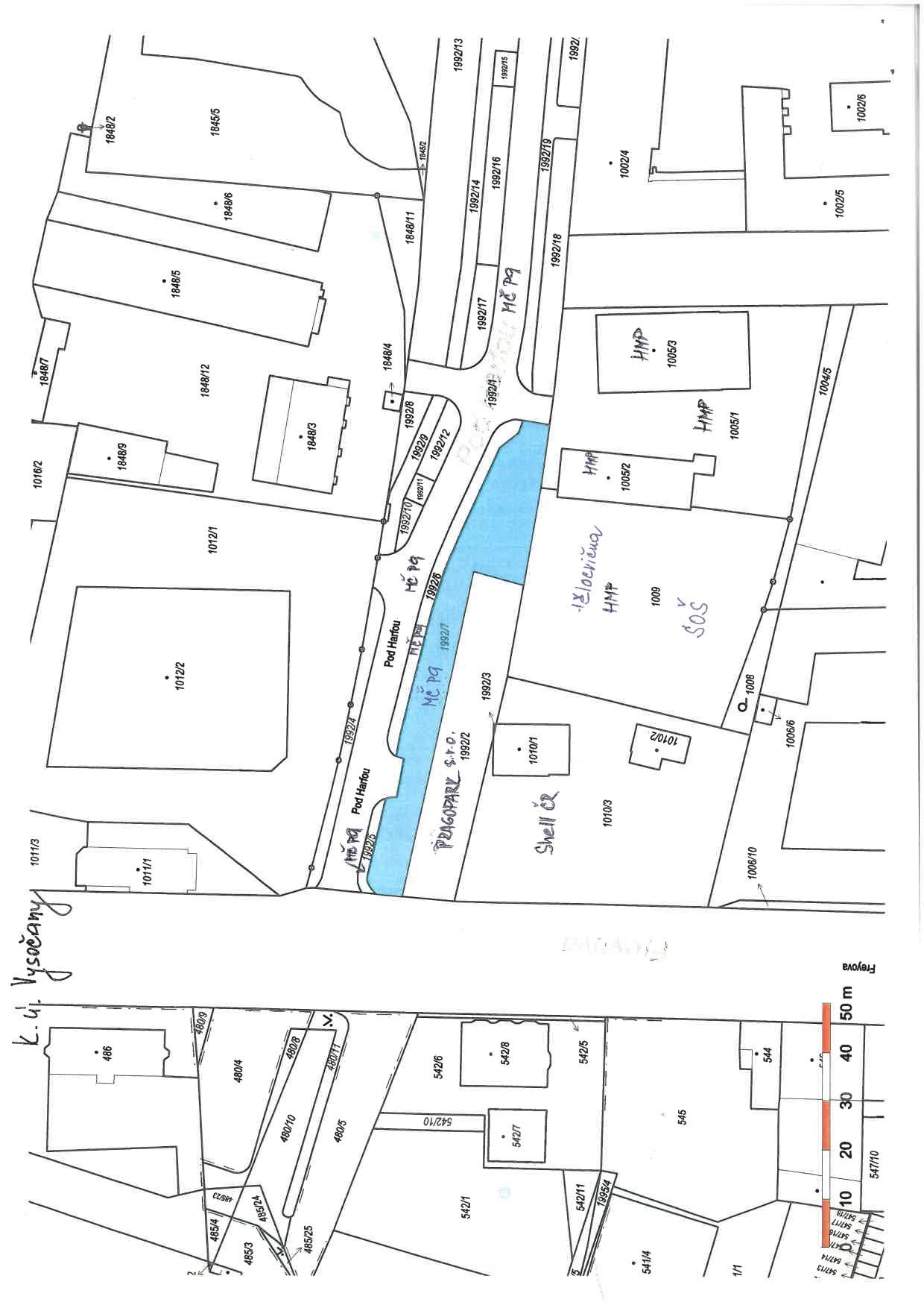 Katastrální mapa území k.ú. Vysočany. Mapa obsahuje parcelní čísla (např. 1011/3, 1848/9, 1012/2, 1848/12, 1848/6, 1848/5, 1848/2, 1002/6, 1002/5, 1004/5, 1005/1, 1005/2, 1005/3, 1009, 1010/2, 1010/3, 1008, 1006/6, 1006/10, 542/1, 542/6, 542/7, 542/8, 542/5, 542/11, 1895/4, 541/4, 545, 544, 547/10, 485/4, 485/23, 485/24, 485/25, 480/5, 480/10, 480/11, 480/8, 480/9, 486, 1992/2, 1992/3, 1992/4, 1992/5, 1992/6, 1992/7, 1992/8, 1992/9, 1992/10, 1992/11, 1992/12, 1992/13, 1992/14, 1992/15, 1992/16, 1992/17, 1992/18, 1992/19). V mapě jsou vyznačeny ulice 'Pod Harfou' a 'Freyova'. Dále jsou v mapě ručně psané poznámky: 'k.ú. Vysočany', 'PRAGOPARK s.r.o.', 'Shell ČR', 'HMP' (Hlavní město Praha), 'MČ P9' (Městská část Praha 9) a 'SOS'. Obsahuje grafické měřítko 0, 10, 20, 30, 40, 50 m.