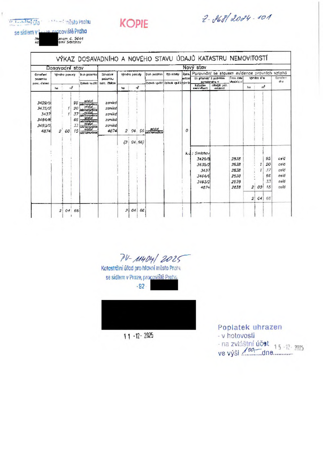 Výkaz dosavadního a nového stavu údajů katastru nemovitostí (č.j. Z-8681/2024-101). Dokument obsahuje tabulku změn parcel v k.ú. Smíchov. Dosavadní stav: parcely 3429/5, 3435/2, 3437, 3464/6, 3493/2 (všechny zanikají) a parcela 4874 (výměra 2 04 56). Nový stav: parcely 3429/5, 3435/2, 3437, 3464/6, 3493/2, 4874 (všechny pod novým číslem 2838, resp. 2839). Dokument obsahuje razítko Katastrálního úřadu pro hlavní město Prahu, pracoviště Praha, s číslem jednacím PV-11404/2025 ze dne 11. 12. 2025. Poplatek 100 Kč uhrazen dne 15. 12. 2025.