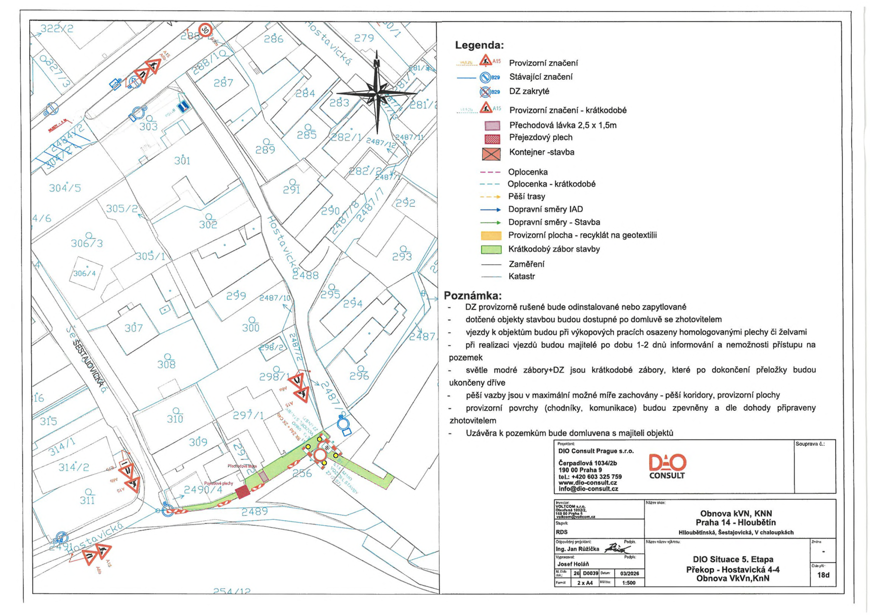 Projektová dokumentace 'DIO Situace 5. Etapa, Překop - Hostavická 4-4, Obnova VkVn, KnN'. Lokalita: Praha 14 - Hloubětín, ulice Hostavická a Šestajovická. Dokument obsahuje situační plán stavby s vyznačením provizorního značení, oplocení, pěších tras a záborů. Legenda: A15 Provizorní značení, B29 Stávající značení, B29 DZ zakryté, přechodová lávka 2,5 x 1,5m, přejezdový plech, kontejner-stavba, oplocení, pěší trasy, dopravní směry. Poznámky: DZ provizorní bude instalováno, dotčené objekty budou dostupné po domluvě, vjezdy budou při výkopových pracích osazeny plechy, realizace vjezdů bude informována 1-2 dny předem, světle modré zábory jsou krátkodobé, pěší vazby budou zachovány, provizorní povrchy budou zpevněny. Projektant: DIO Consult Prague s.r.o., Čerpadlová 1034/2b, 190 00 Praha 9, tel: +420 603 325 759, www.dio-consult.cz. Investor: VOLTCOM s.r.o. Datum: 03/2026, měřítko 1:500.