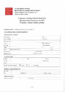 Žádost o poskytnutí dotace hlavního města Prahy pro rok 2027, Program v oblasti rodinné politiky. Dokument obsahuje sekci A) Obecná část - souhrnná informace o…