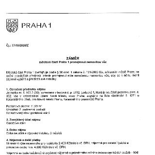 PRAHA 1, Čj.: 77/10/2026/Z. ZÁMĚR městské části Praha 1 pronajmout nemovitou věc. Městská část Praha 1 zveřejňuje podle § 36 odst. 1 zákona č. 131/2000 Sb., o…