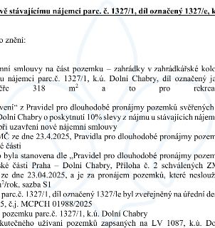 Úřední oznámení o pronájmu části pozemku parc. č. 1327/1, k.ú. Dolní Chabry, díl označený 1327/e, o výměře 318 m2 pro účely rekreace (zahrádka v zahrádkářské k…