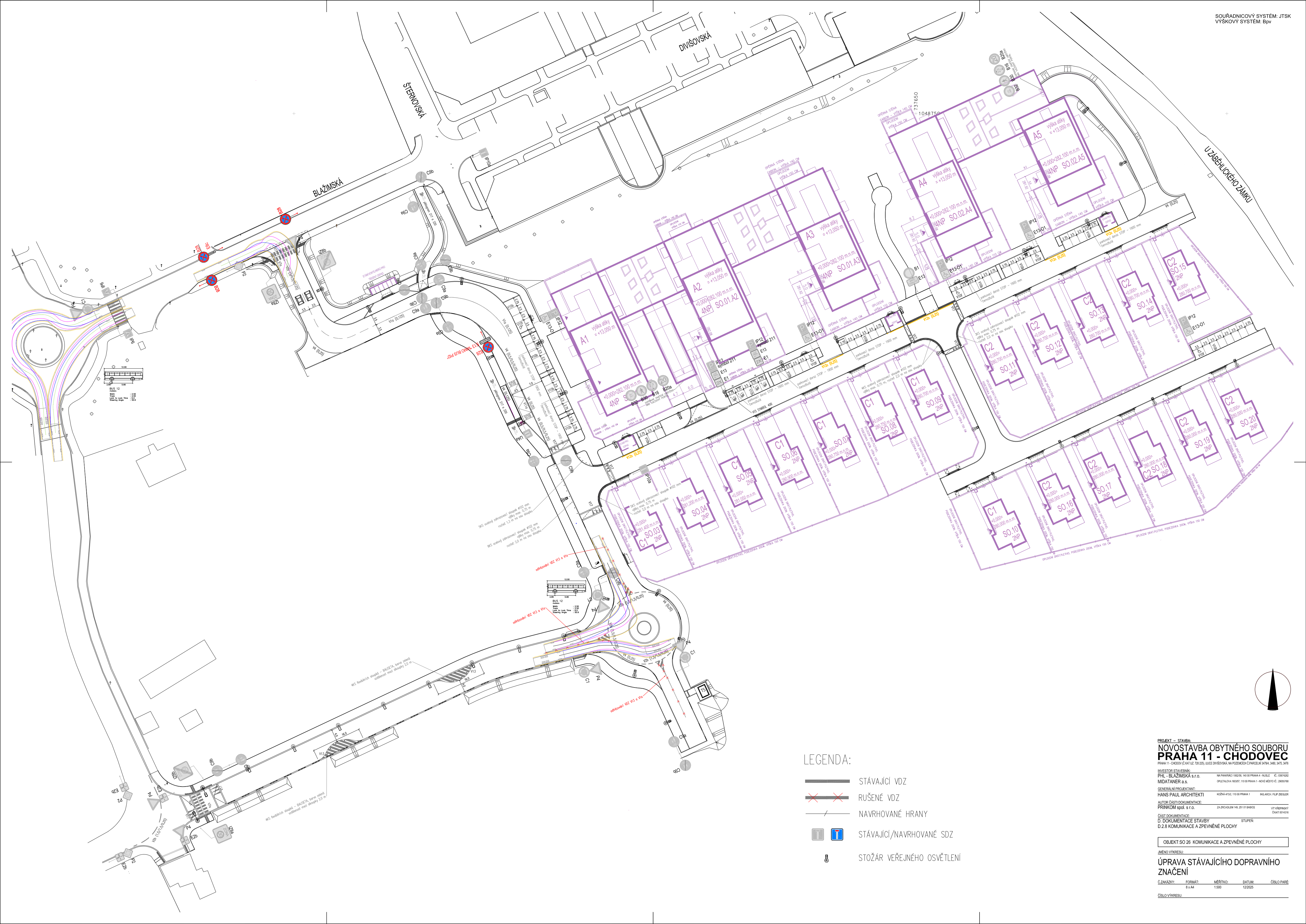 Koordinační situace novostavby obytného souboru v Praze 11 - Chodovci s vyznačením úprav dopravního značení.