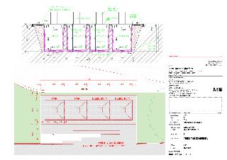 Technický výkres podzemních kontejnerů pro projekt 'Nové centrum Modřany'. Výkres obsahuje řez a půdorys instalace 4 kontejnerů (2x papír, 2x multikomodita). I…
